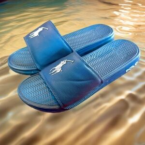 RALPH LAUREN MENS SZ 12 BLUE RODWELL SLIDES LIKE NEW